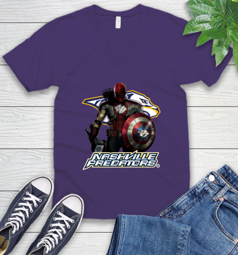 NHL Captain America Thor Spider Man Hawkeye Avengers Endgame Hockey Nashville Predators V-Neck T-Shirt 10