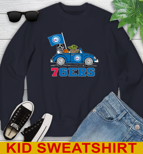 NBA Basketball Philadelphia 76ers Darth Vader Baby Yoda Driving Star Wars Shirt Youth Sweatshirt 3