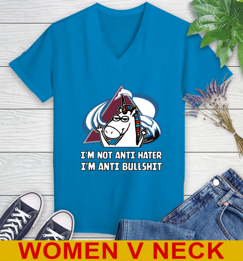 Colorado Avalanche NHL Hockey Unicorn I'm Not Anti Hater I'm Anti Bullshit Women's V-Neck T-Shirt 8