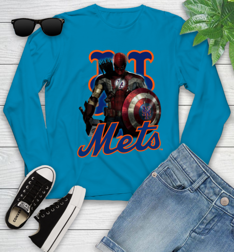 MLB Captain America Thor Spider Man Hawkeye Avengers Endgame Baseball New York Mets Youth Long Sleeve 7