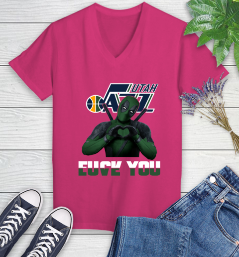 NBA Utah Jazz Deadpool Love You Fuck You Basketball Sports Women's V-Neck T-Shirt - Image 10
