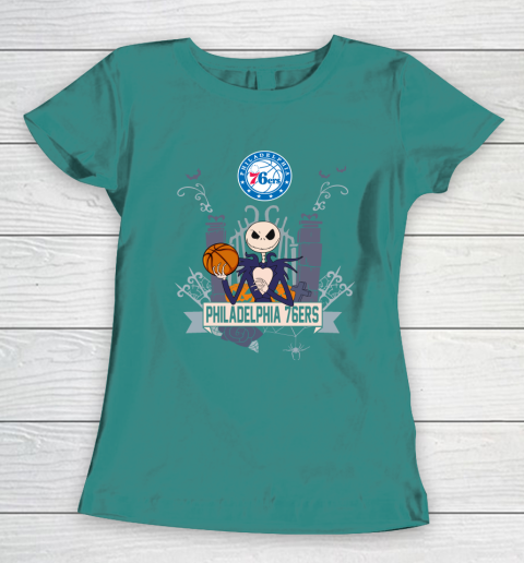 NBA Philadelphia 76ers Basketball Jack Skellington Halloween Women's T-Shirt 10