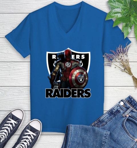 NFL Captain America Thor Spider Man Hawkeye Avengers Endgame Football Oakland Raiders Women's V-Neck T-Shirt 10