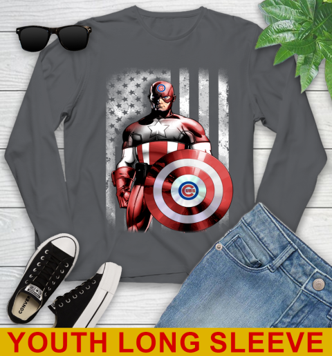 Chicago Cubs MLB Baseball Captain America Marvel Avengers American Flag Shirt Youth Long Sleeve 9