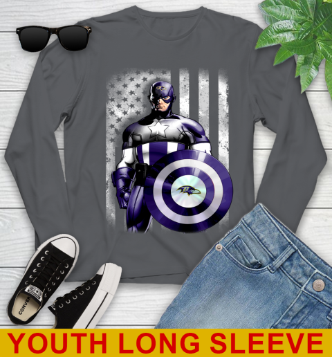 Baltimore Ravens NFL Football Captain America Marvel Avengers American Flag Shirt Youth Long Sleeve 9