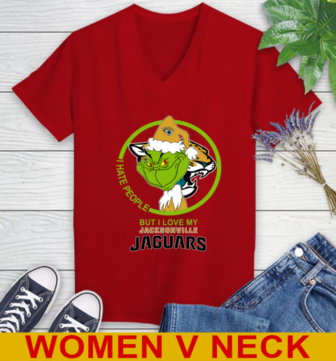 Jacksonville Jaguars NFL Christmas Grinch I Hate People But I Love My Favorite Football Team Women's V-Neck T-Shirt 12