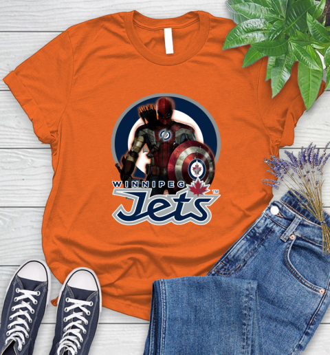 NHL Captain America Thor Spider Man Hawkeye Avengers Endgame Hockey Winnipeg Jets Women's T-Shirt 4