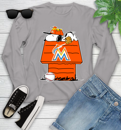MLB Miami Marlins Snoopy Woodstock The Peanuts Movie Baseball T Shirt Youth Long Sleeve 5