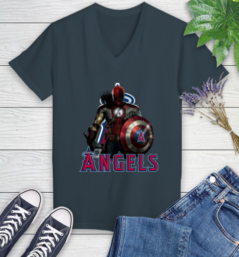 MLB Captain America Thor Spider Man Hawkeye Avengers Endgame Baseball Los Angeles Angels Women's V-Neck T-Shirt 8