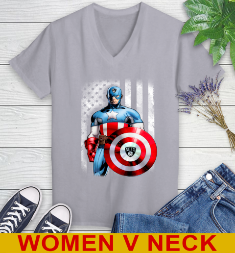 Brooklyn Nets NBA Basketball Captain America Marvel Avengers American Flag Shirt Women's V-Neck T-Shirt 4