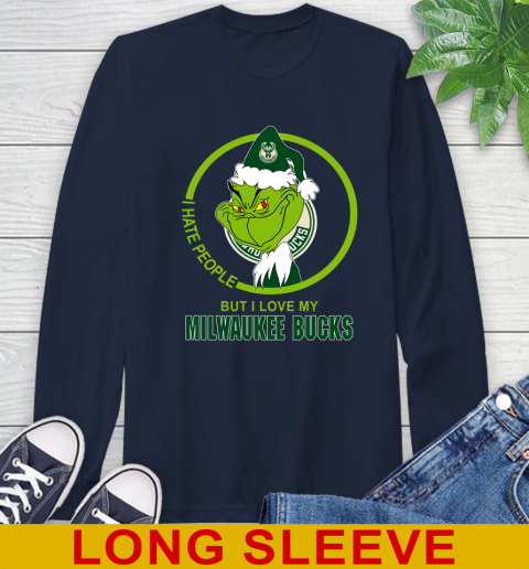 Milwaukee Bucks NBA Christmas Grinch I Hate People But I Love My Favorite Basketball Team Long Sleeve T-Shirt 4