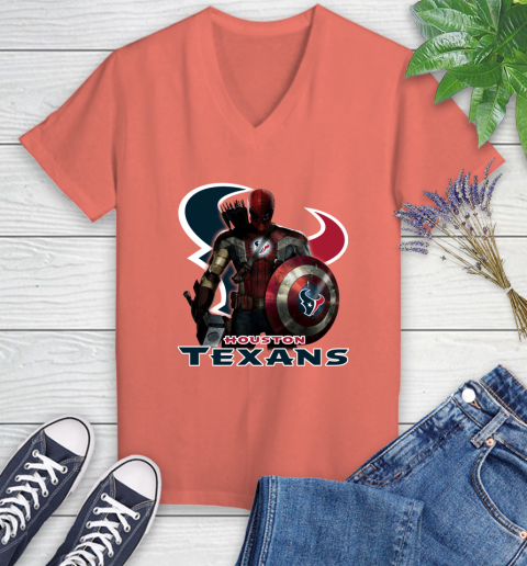 NFL Captain America Thor Spider Man Hawkeye Avengers Endgame Football Houston Texans Women's V-Neck T-Shirt 6