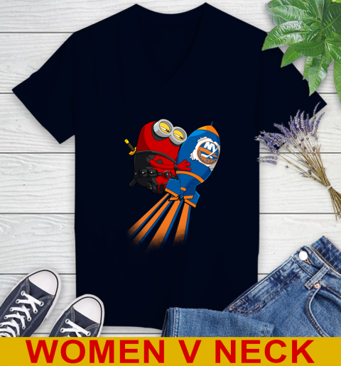 NHL Hockey New York Islanders Deadpool Minion Marvel Shirt Women's V-Neck T-Shirt 2