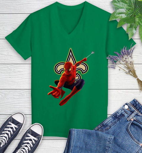 NFL Spider Man Avengers Endgame Football New Orleans Saints Women's V-Neck T-Shirt 5