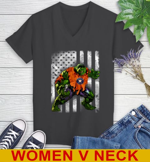 Houston Astros Hulk Marvel Avengers MLB Baseball American Flag Women's V-Neck T-Shirt 8