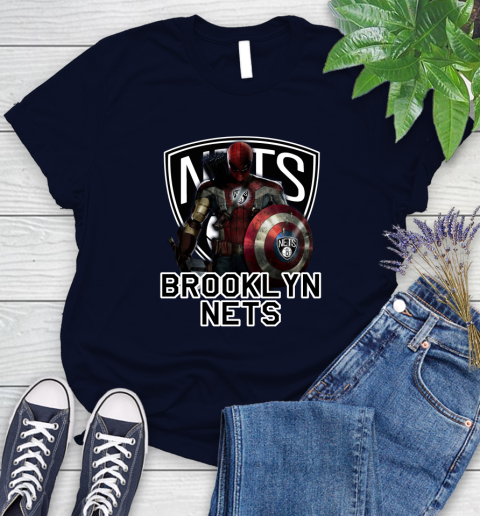 Brooklyn Nets NBA Basketball Captain America Thor Spider Man Hawkeye Avengers Women's T-Shirt 3