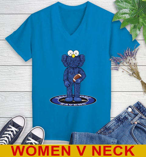 NFL Football Baltimore Ravens Kaws Bff Blue Figure Shirt Women's V-Neck T-Shirt - Image 9