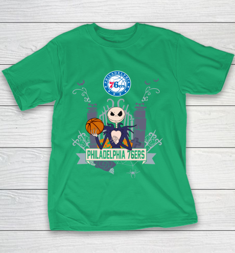 NBA Philadelphia 76ers Basketball Jack Skellington Halloween Youth T-Shirt 3
