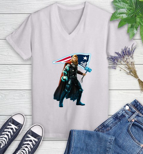 NFL Thor Avengers Endgame Football New England Patriots Women's V-Neck T-Shirt