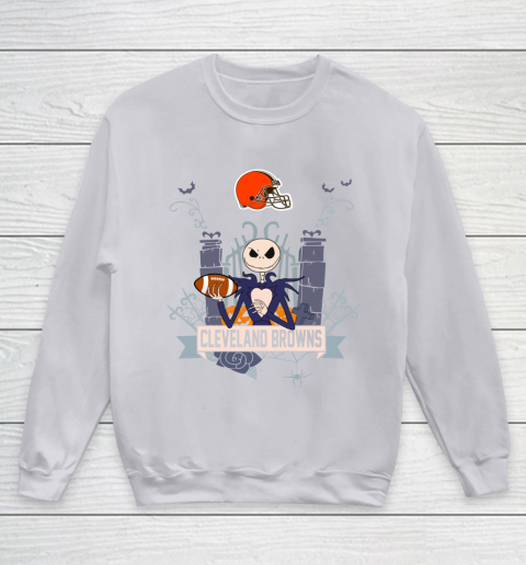 NFL Cleveland Browns Football Jack Skellington Halloween Youth Sweatshirt 3