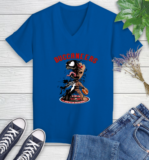 NFL Tampa Bay Buccaneers Football Venom Groot Guardians Of The Galaxy Women's V-Neck T-Shirt 10
