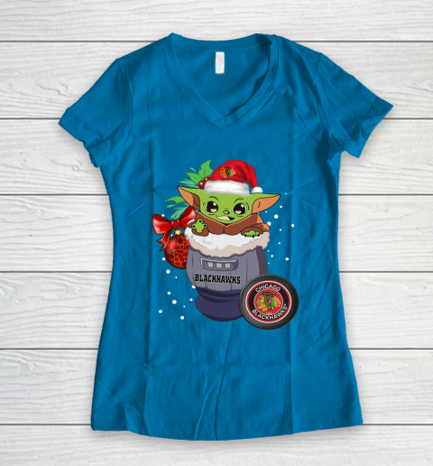 Chicago Blackhawks Christmas Baby Yoda Star Wars Funny Happy NHL Women's V-Neck T-Shirt 7