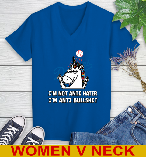 Los Angeles Dodgers MLB Baseball Unicorn I'm Not Anti Hater I'm Anti Bullshit Women's V-Neck T-Shirt 11