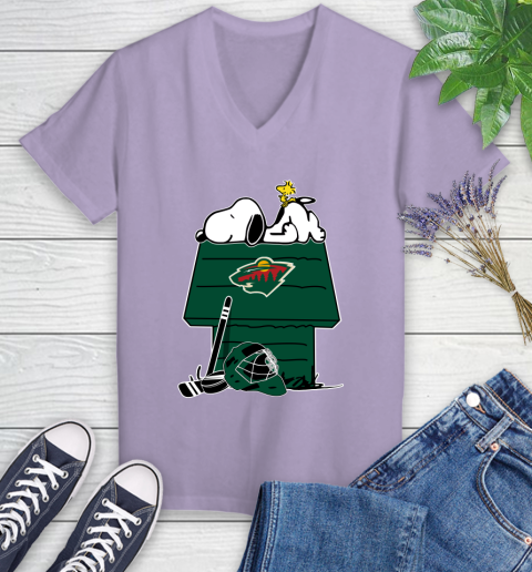 Minnesota Wild NHL Hockey Snoopy Woodstock The Peanuts Movie Women's V-Neck T-Shirt 14