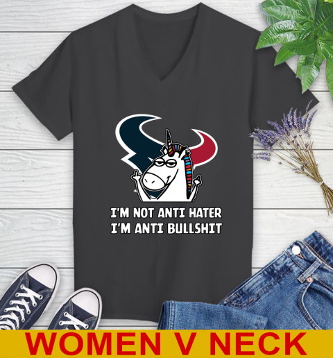 Houston Texans NFL Football Unicorn I'm Not Anti Hater I'm Anti Bullshit Women's V-Neck T-Shirt 9