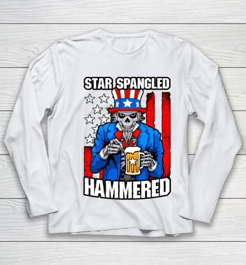 Beer Lover Funny Shirt Star Spangled Hammered 4th Of July Uncle Sam Skull USA Flag Youth Long Sleeve