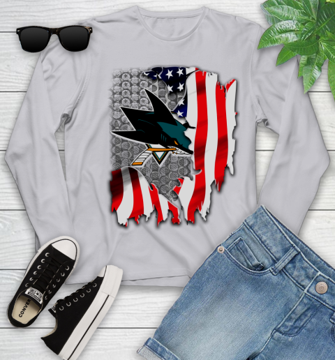 San Jose Sharks NHL Hockey American Flag Youth Long Sleeve 5