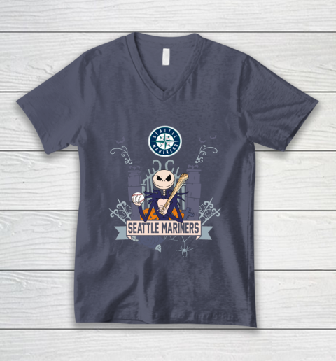 MLB Seattle Mariners Baseball Jack Skellington Halloween V-Neck T-Shirt 7