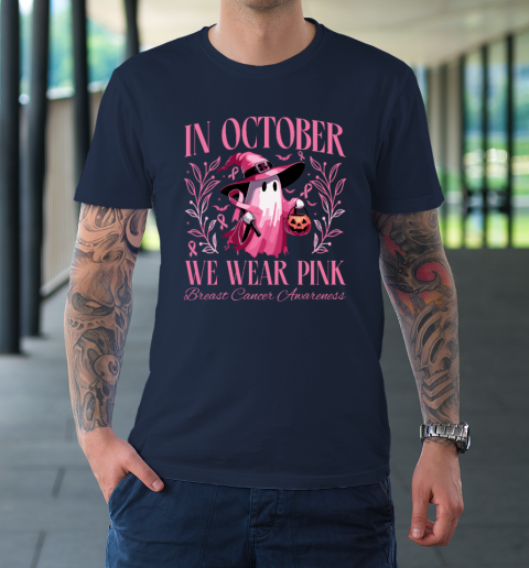 In October We Wear Pink Witch Ghost Pumpkin Breast Cancer T-Shirt 2