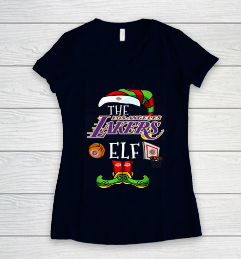 Los Angeles Lakers Christmas ELF Funny NBA Women's V-Neck T-Shirt 2