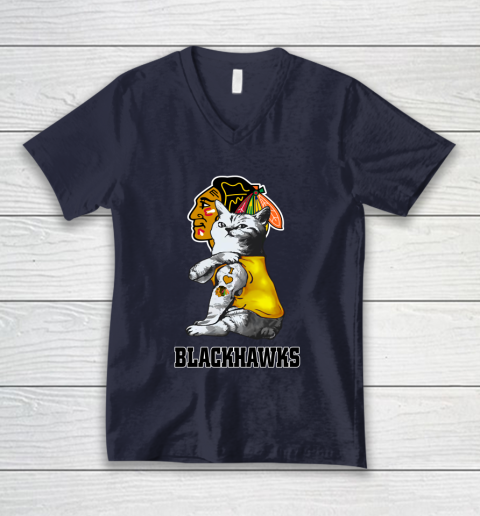 NHL My Cat Loves Chicago Blackhawks Hockey V-Neck T-Shirt 2