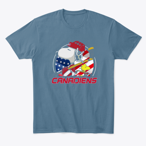 r3hx montreal canadienssnoopy and woodstock nhl classic t shirt 2 front indigo blue