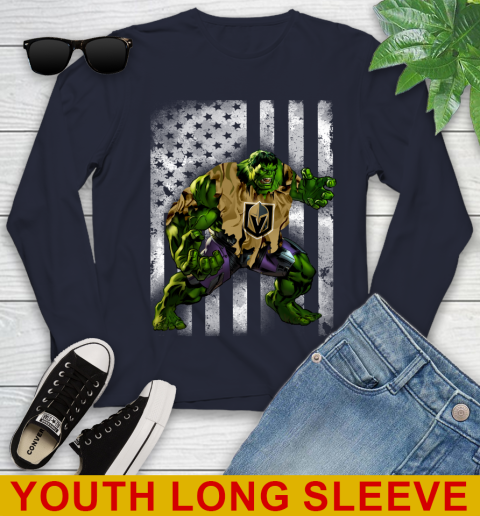 Vegas Golden Knights Hulk Marvel Avengers NHL Hockey American Flag Youth Long Sleeve 2