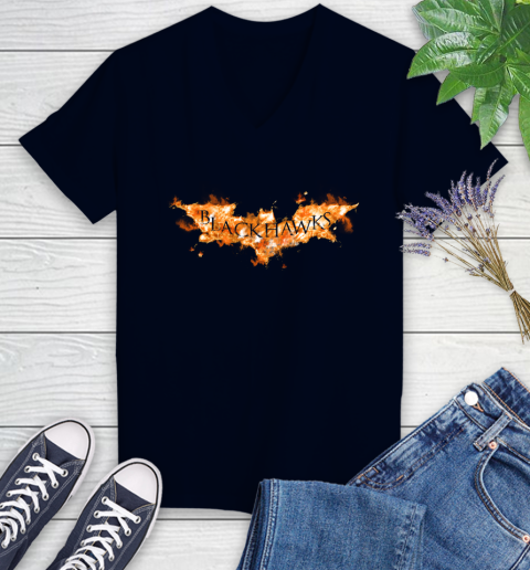 NHL Chicago Blackhawks Batman Logo DC Hockey Sports Shirts Women's V-Neck T-Shirt 2