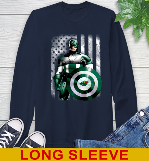 Minnesota Wild NHL Hockey Captain America Marvel Avengers American Flag Shirt Long Sleeve T-Shirt 3