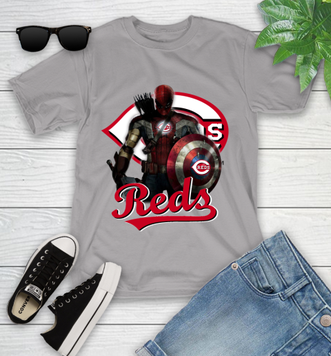 MLB Captain America Thor Spider Man Hawkeye Avengers Endgame Baseball Cincinnati Reds Youth T-Shirt 4
