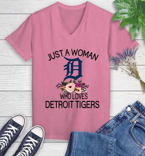 MLB Just A Woman Who Loves Detroit Tigers Baseball Sports Women's V-Neck T-Shirt 8