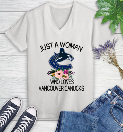 NHL Just A Woman Who Loves Vancouver Canucks Hockey Sports Women's V-Neck T-Shirt
