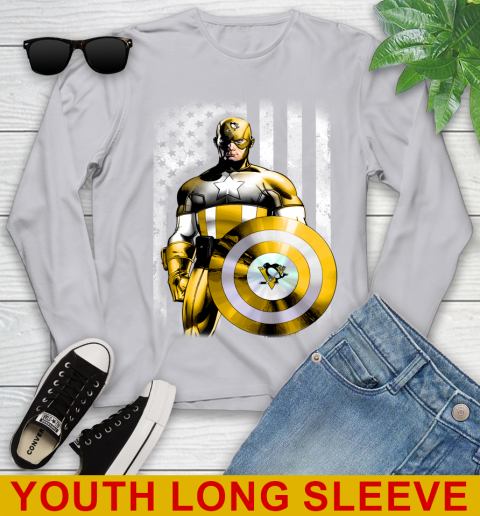 Pittsburgh Penguins NHL Hockey Captain America Marvel Avengers American Flag Shirt Youth Long Sleeve 5