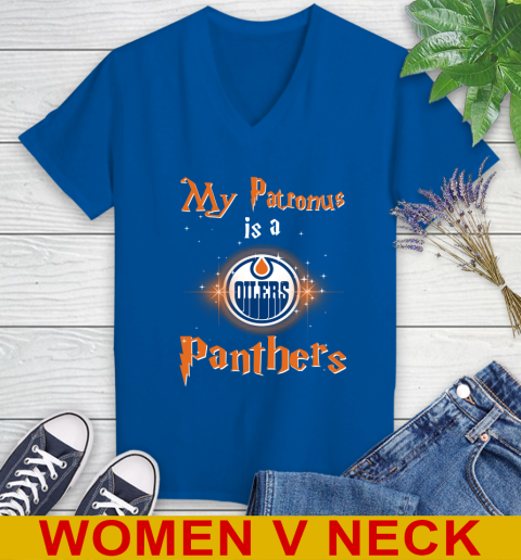 NHL Hockey Harry Potter My Patronus Is A Edmonton Oilers Women's V-Neck T-Shirt 9