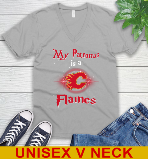 NHL Hockey Harry Potter My Patronus Is A Calgary Flames V-Neck T-Shirt 3