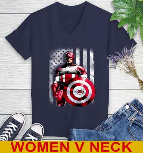 Cincinnati Reds MLB Baseball Captain America Marvel Avengers American Flag Shirt Women's V-Neck T-Shirt 12