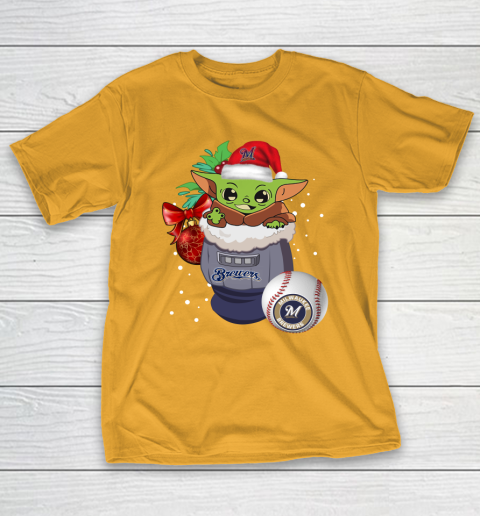 Milwaukee Brewers Christmas Baby Yoda Star Wars Funny Happy MLB T-Shirt 4