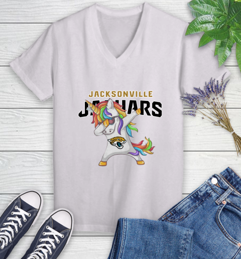 Jacksonville Jaguars NFL Football Funny Unicorn Dabbing Sports Women's V-Neck T-Shirt