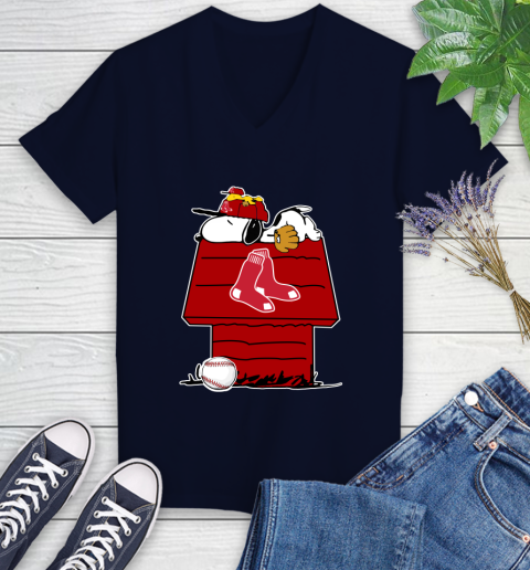 MLB Boston Red Sox Snoopy Woodstock The Peanuts Movie Baseball T Shirt Women's V-Neck T-Shirt 3