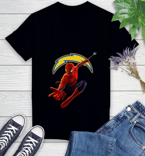 NFL Spider Man Avengers Endgame Football Los Angeles Chargers Women's V-Neck T-Shirt 2